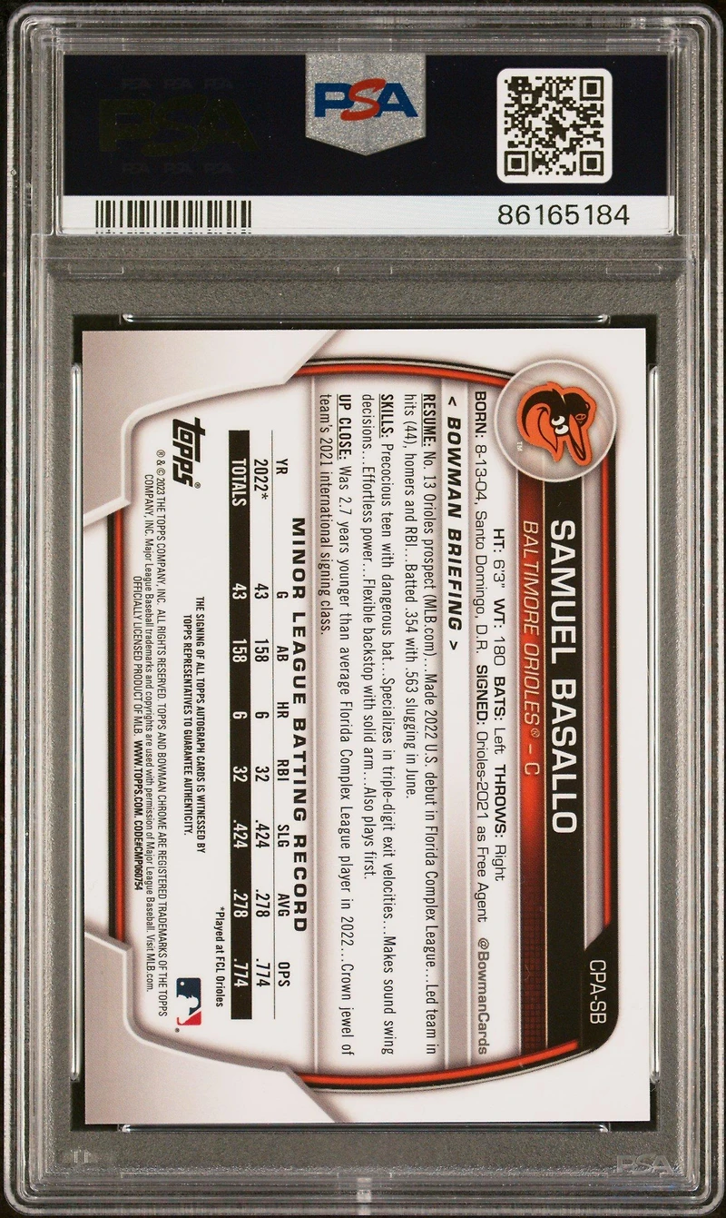 2023 Bowman Chrome Prospect Autographs Cpasb Samuel Basallo PSA 9