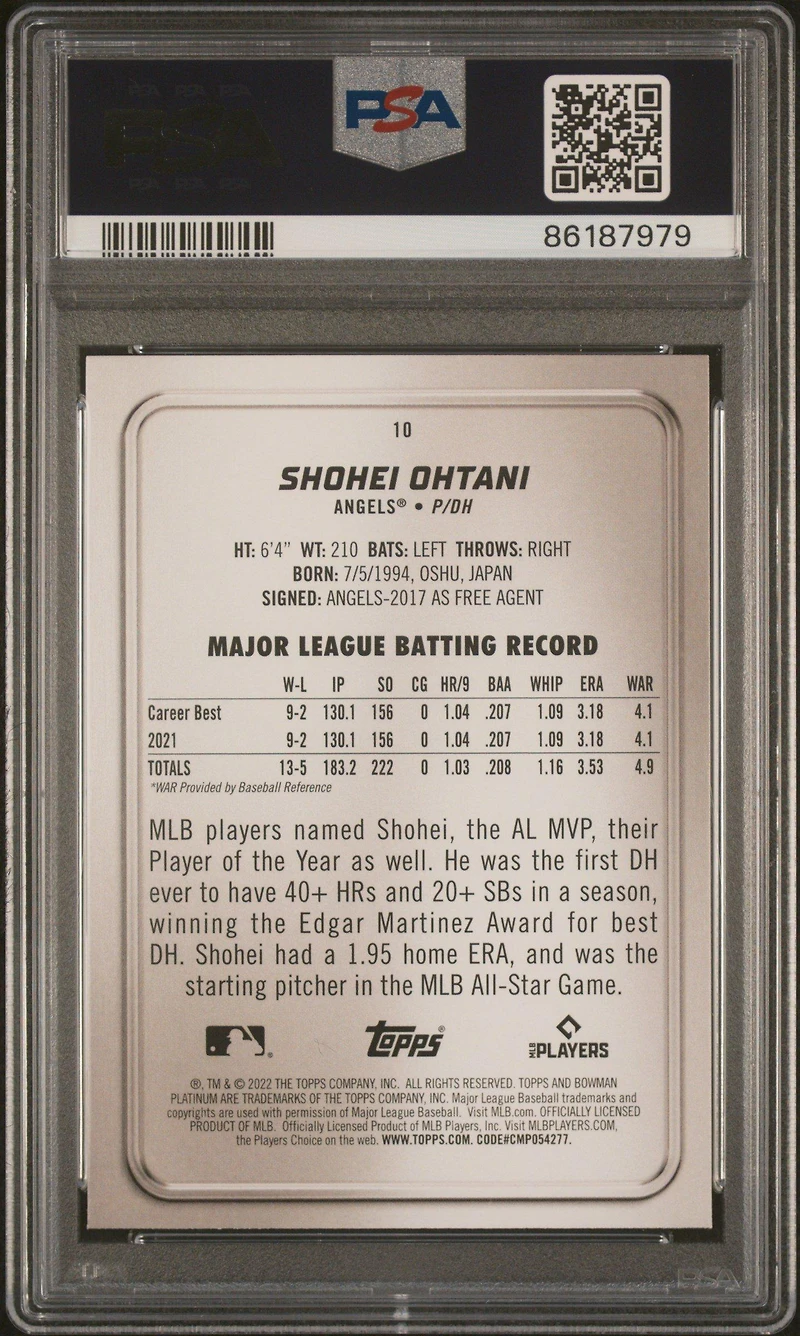 2022 Bowman Platinum 10 Shohei Ohtani PSA 10