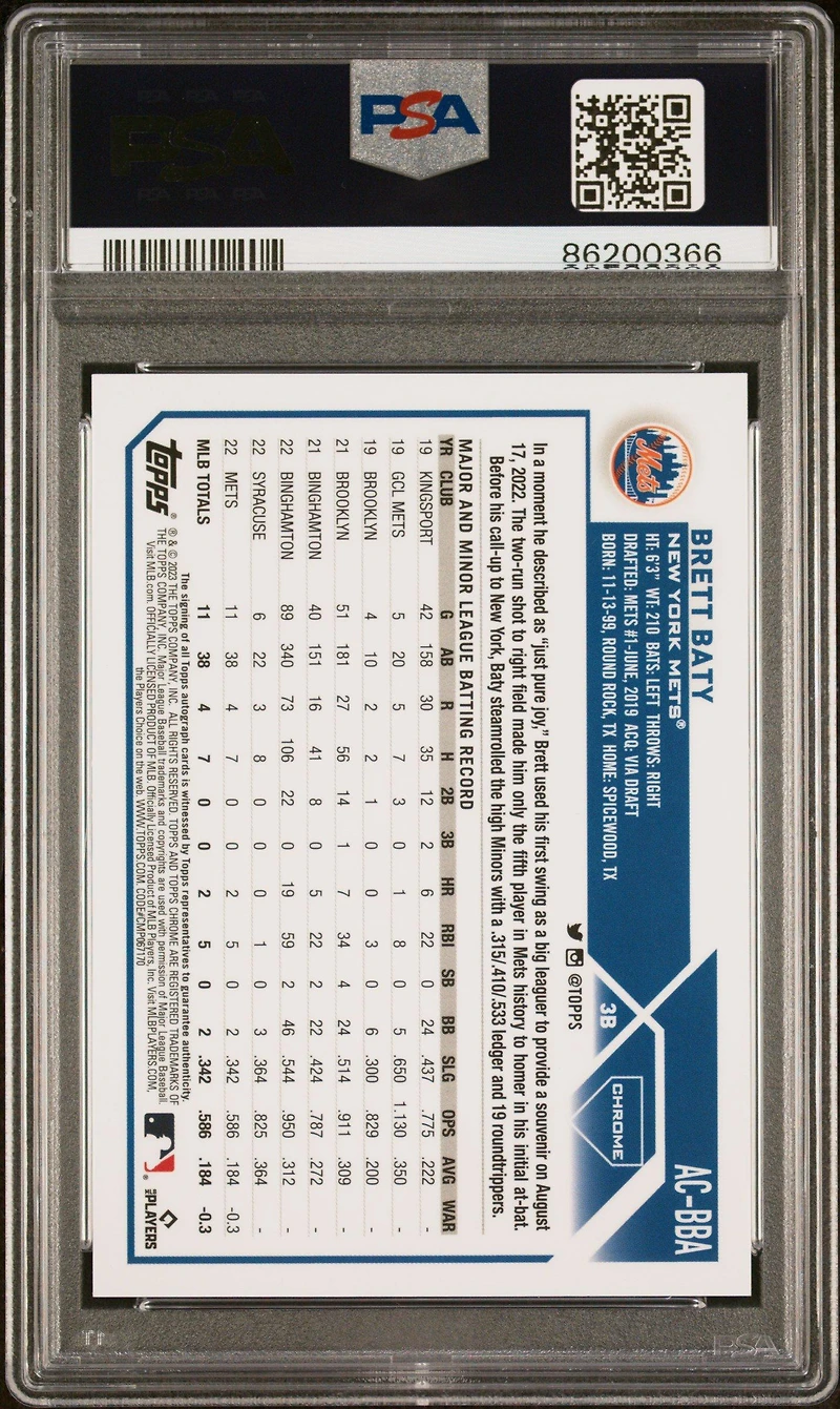 2023 Topps Chrome Update Autograph Acbba Brett Baty PSA 10