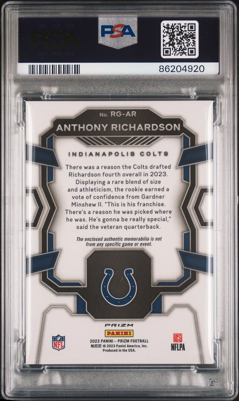 2023 Panini Prizm Rookie Gear Rgar Anthony Richardson PSA 10