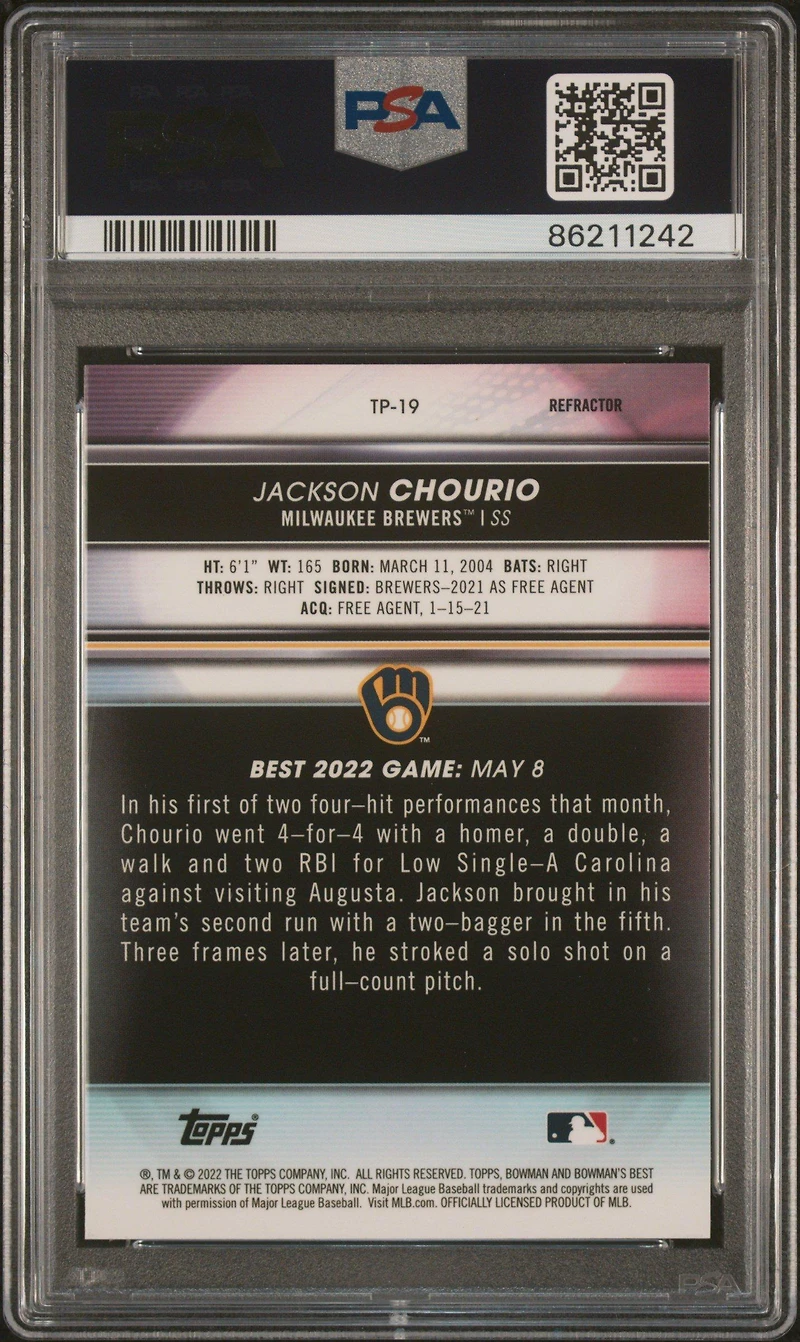 2022 Bowman's Best Top Prospects Tp19 Jackson Chourio Refractor PSA 10