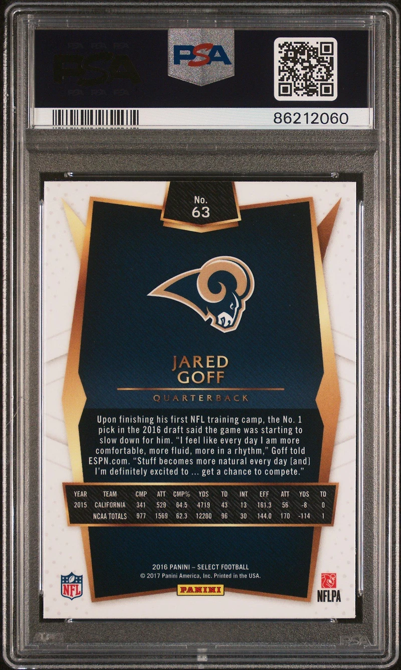 2016 Panini Select 63 Jared Goff Tri-color Prizm PSA 10