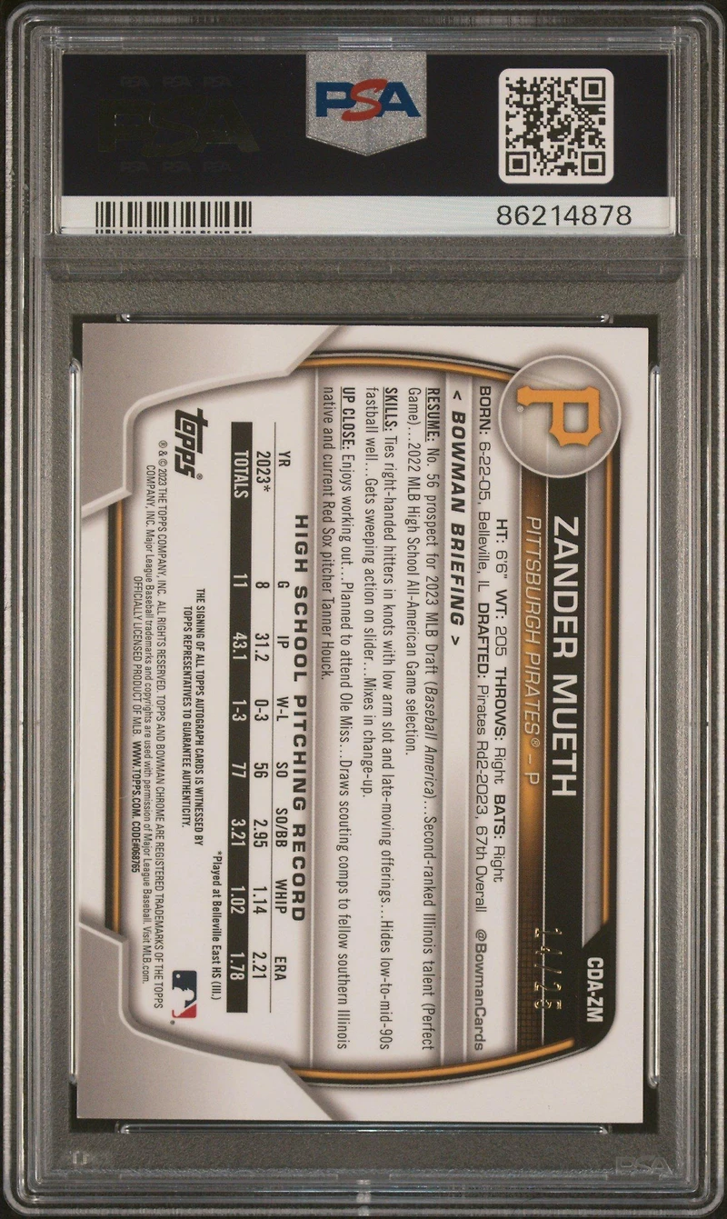 2023 Bowman Draft Chrome Prospect Autograph Cdazm Zander Mueth Orange PSA 10