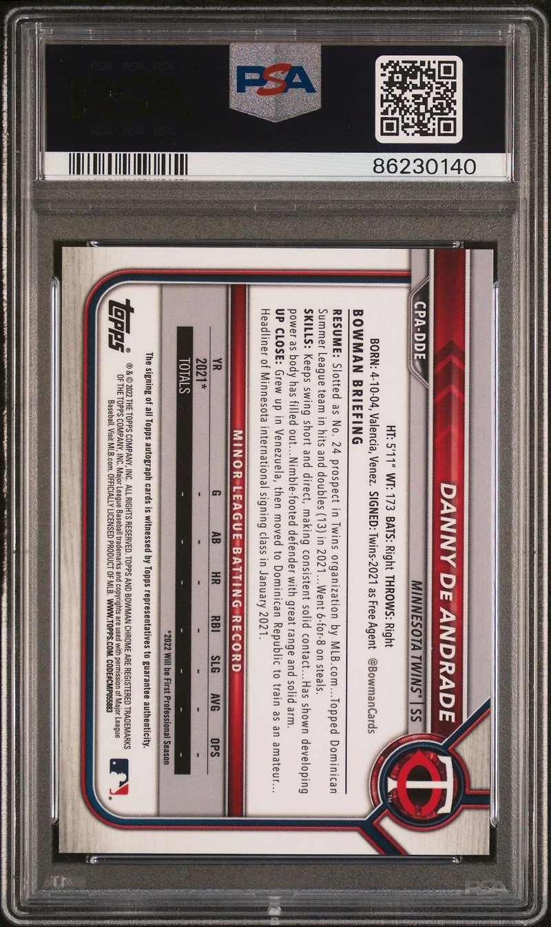 2022 Bowman Chrome Prospect Autographs Cpadde Danny De Andrade PSA 10