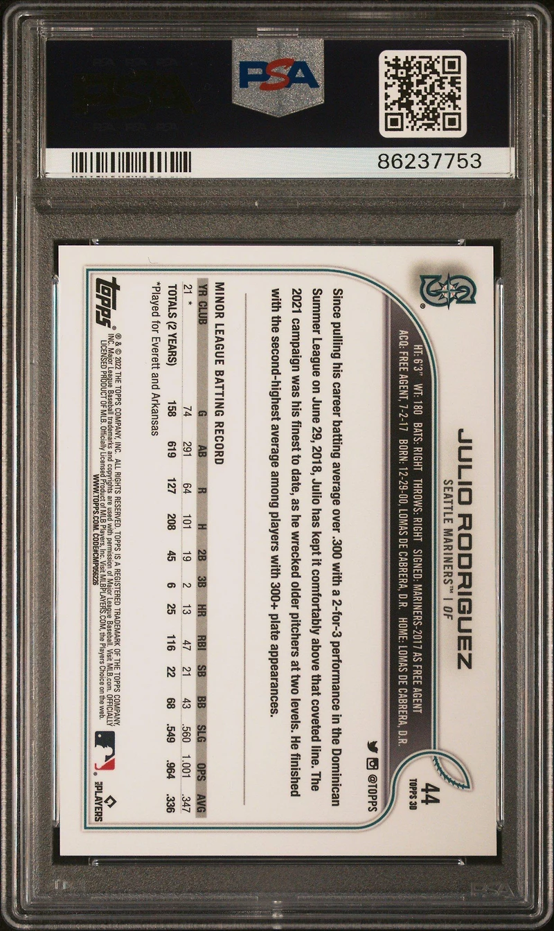 2022 Topps Mlb 3d 44 Julio Rodriguez PSA 10