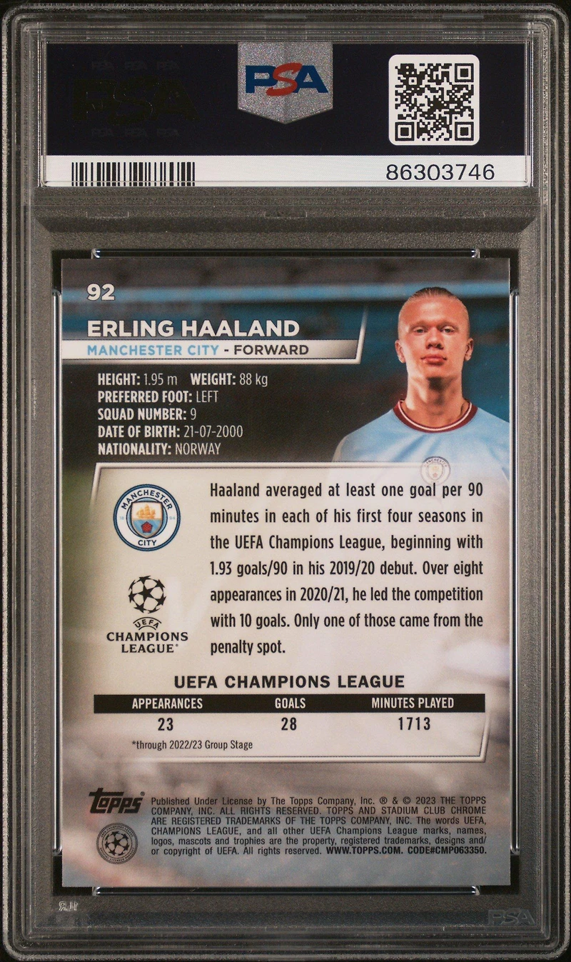 2022-23 Topps Stadium Club Chrome Uefa Club Competitions 92 Erling Haaland Blue Prism Refractor PSA 10