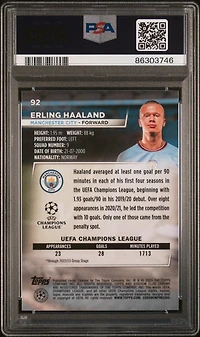 2022-23 Topps Stadium Club Chrome Uefa Club Competitions 92 Erling Haaland Blue Prism Refractor PSA 10