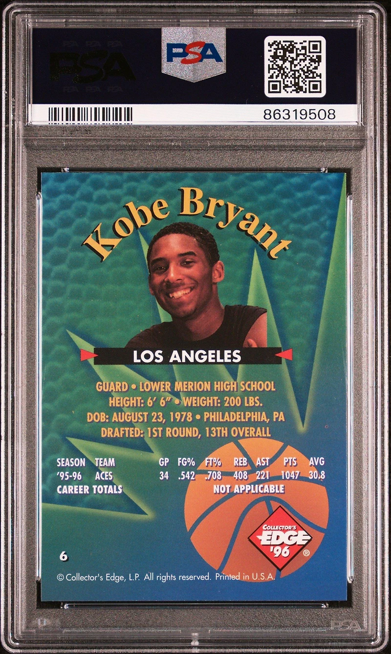 1996 Collector's Edge Rookie Rage 6 Kobe Bryant PSA 9