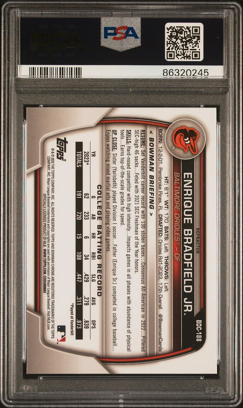 2023 Bowman Draft Bdc188 Enrique Bradfield Jr. Chrome-refractor PSA 10