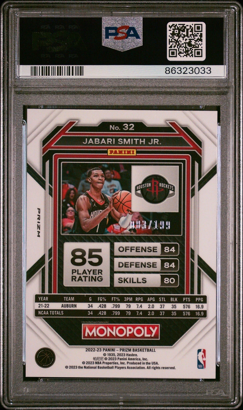 2022 Panini Prizm Monopoly 32 Jabari Smith Jr. Light Blue PSA 10