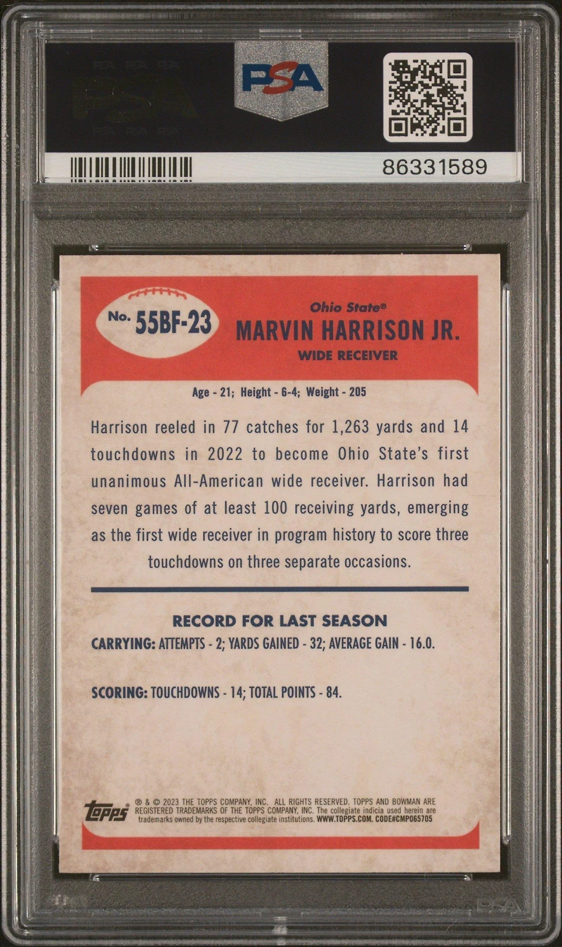 2023 Bowman University Chrome 1955 Bowman 55bf23 Marvin Harrison Jr. PSA 10