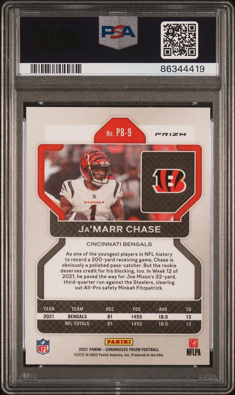 2021 Panini Chronicles Prizm Black Pb-9 Ja’marr Chase Silver PSA 9