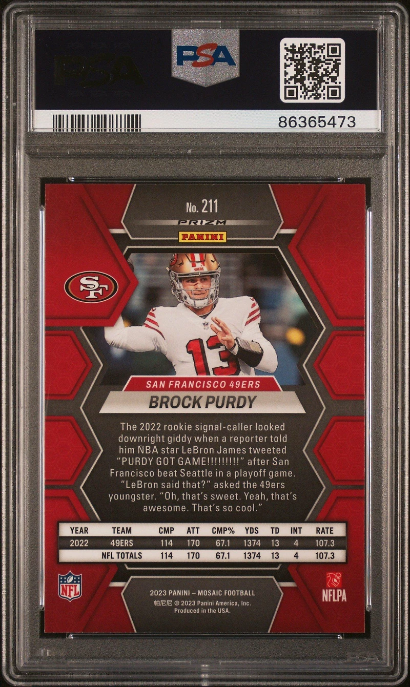 2023 Panini Mosaic 211 Brock Purdy Reactive Yellow PSA 10