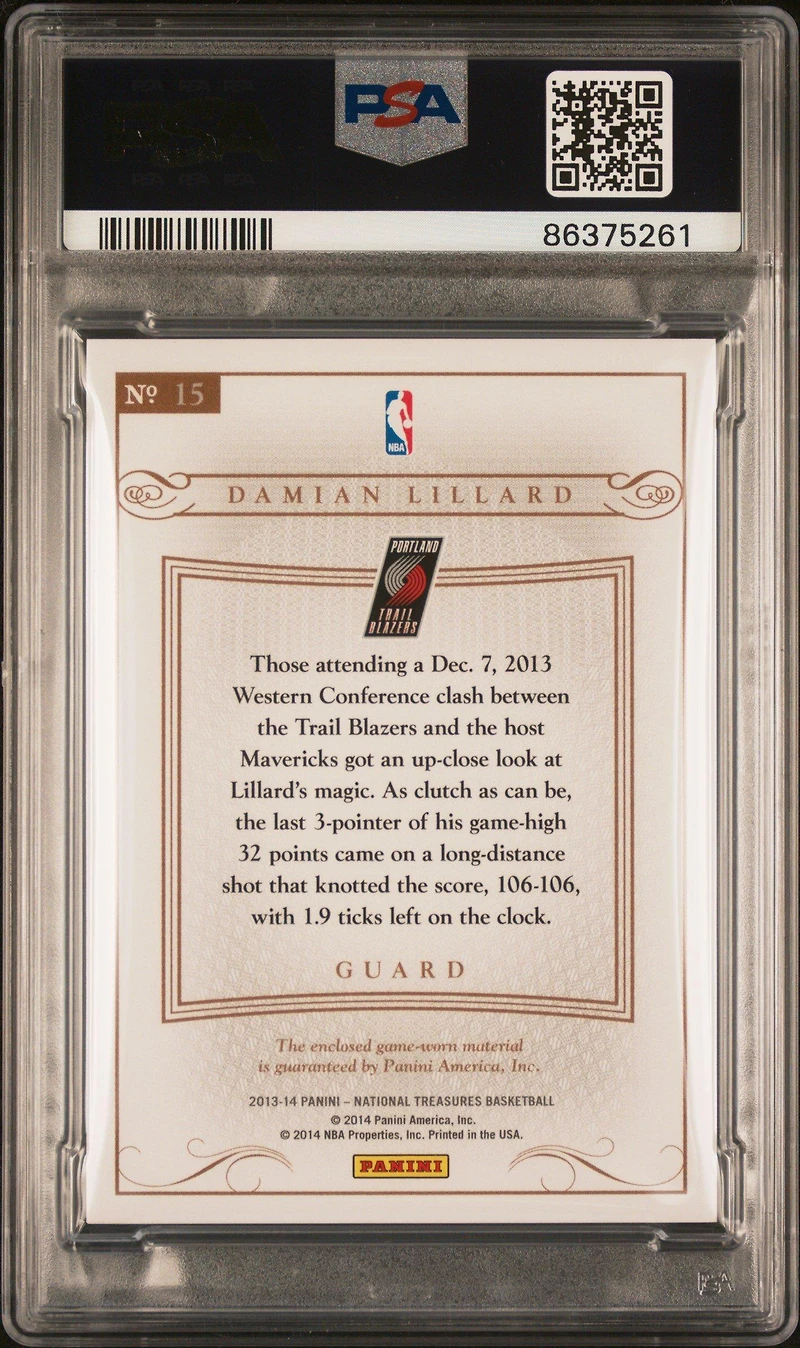 2013 Panini National Treasures Colossal Jerseys 15 Damian Lillard PSA 9
