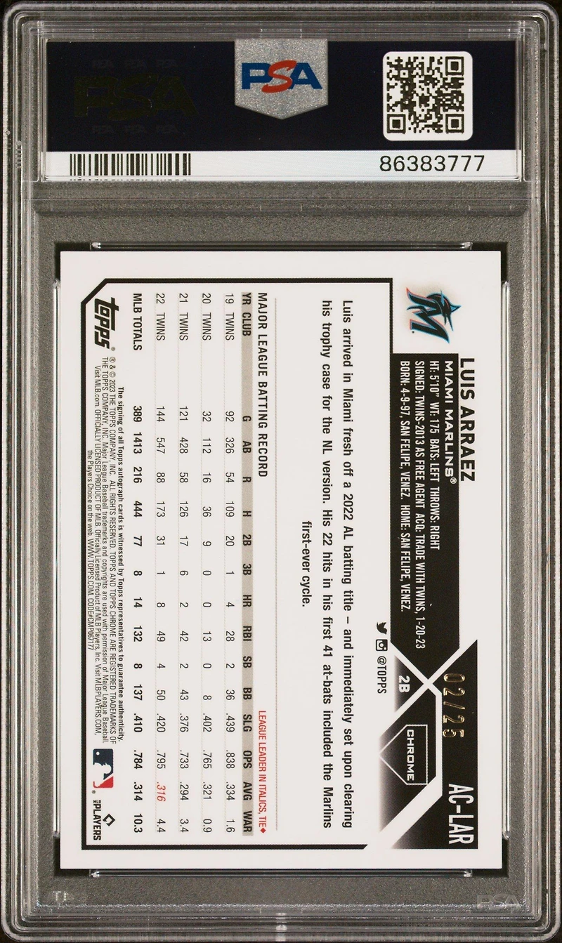 2023 Topps Chrome Update Autograph Aclar Luis Arraez Refractor PSA
