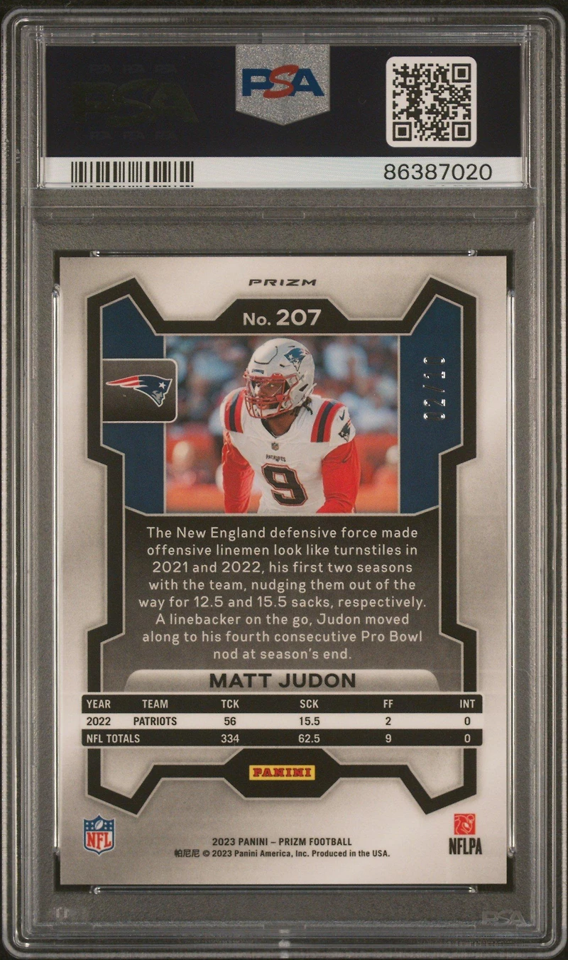 2023 Panini Prizm 207 Matt Judon Gold Shimmer PSA 10