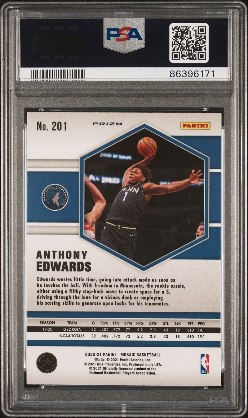 2020 Panini Mosaic 201 Anthony Edwards Reactive Blue PSA 9