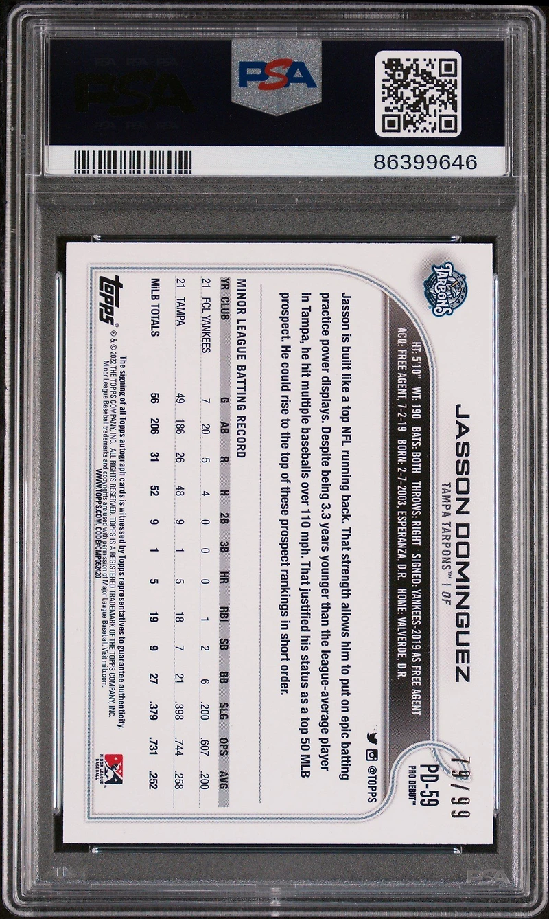 2022 Topps Pro Debut Pd59 Jasson Dominguez Autograph- PSA