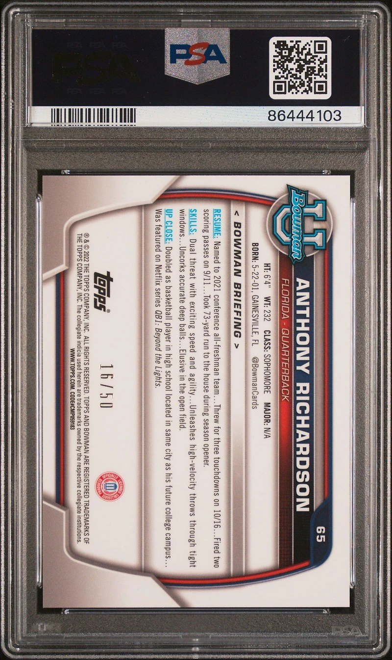 2022 Bowman University Chrome Prospects 65 Anthony Richardson Gold Shimmer Refractor PSA 9