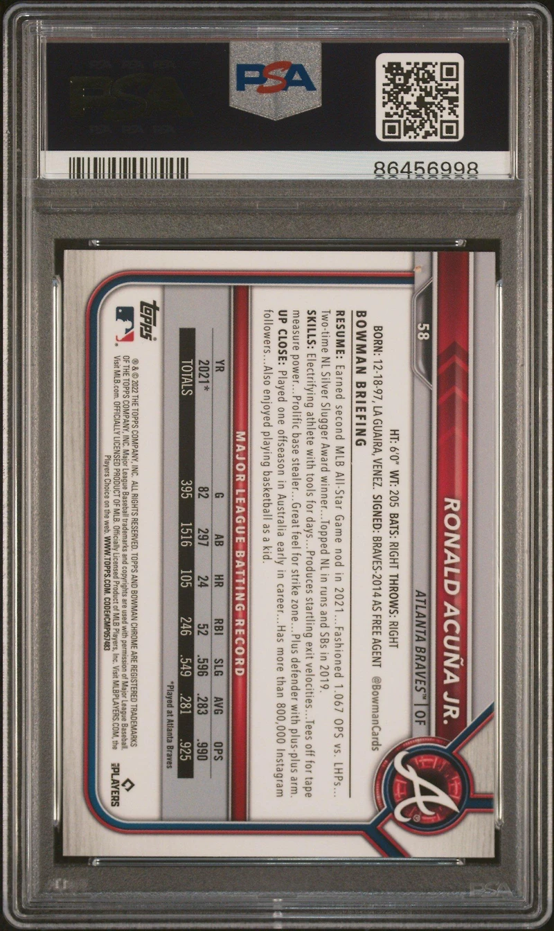 2022 Bowman Chrome Sapphire Edition 58 Ronald Acuna Jr. PSA 10
