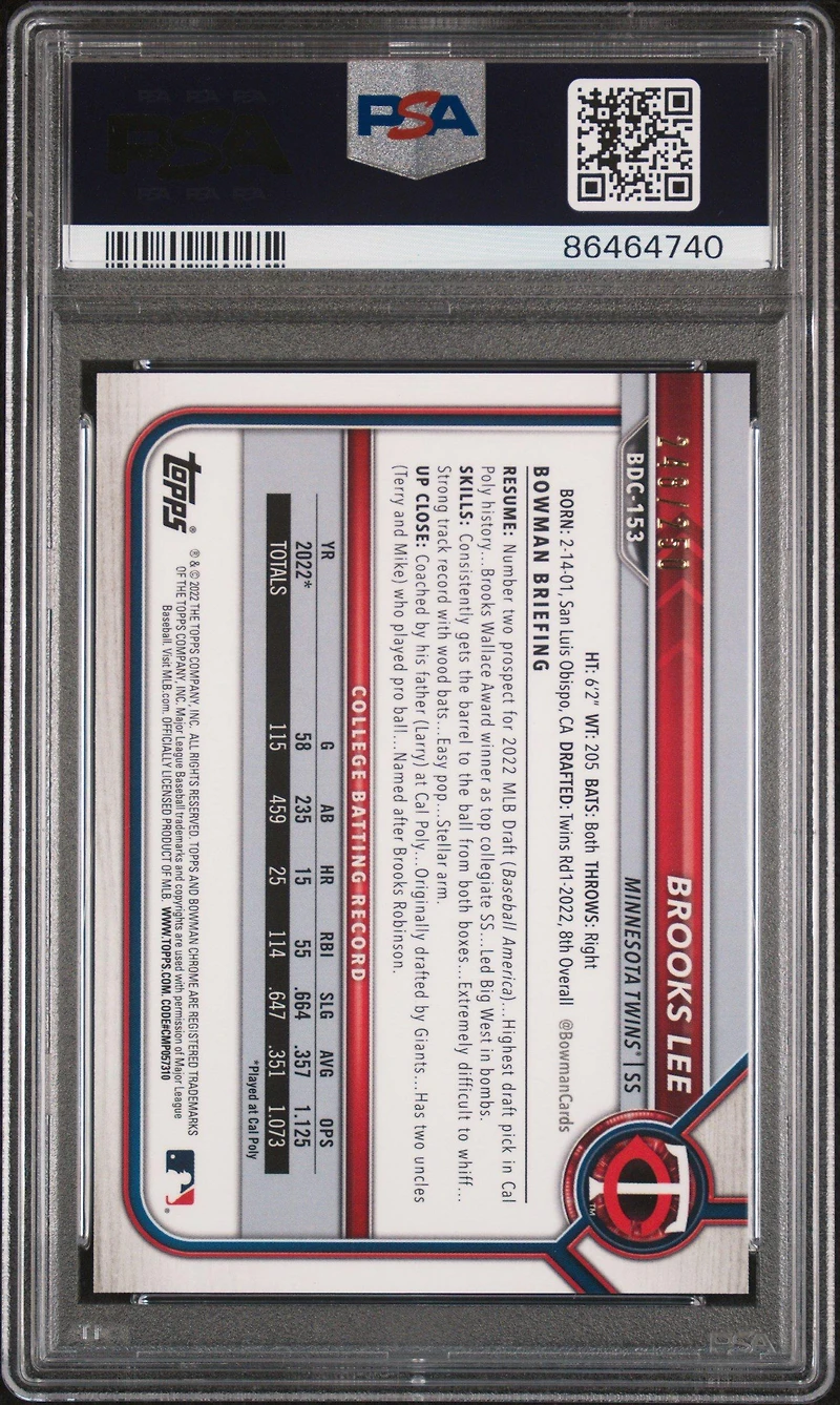 2022 Bowman Draft Bdc153 Brooks Lee Chrome-purple Refractor PSA 10