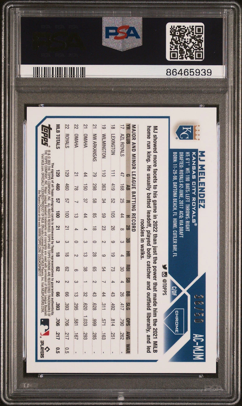 2023 Topps Chrome Update Autograph Acmjm Mj Melendez Gold Wave Refractor PSA 10