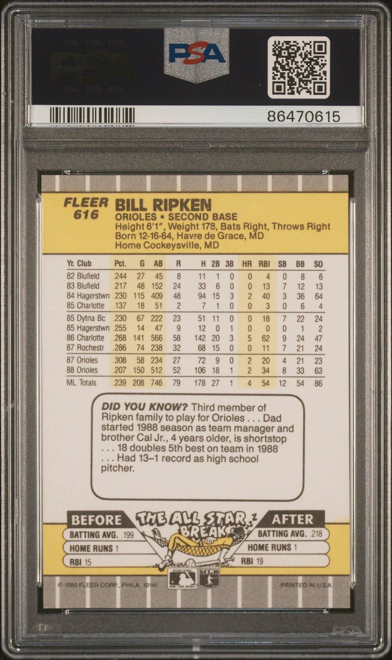1989 Fleer 616 Bill Ripken Black Scribble Over Error PSA 9