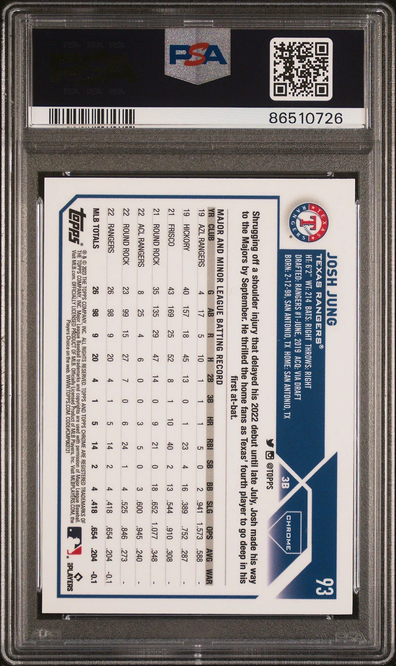 2023 Topps Chrome 93 Josh Jung Blue Refractor PSA 9
