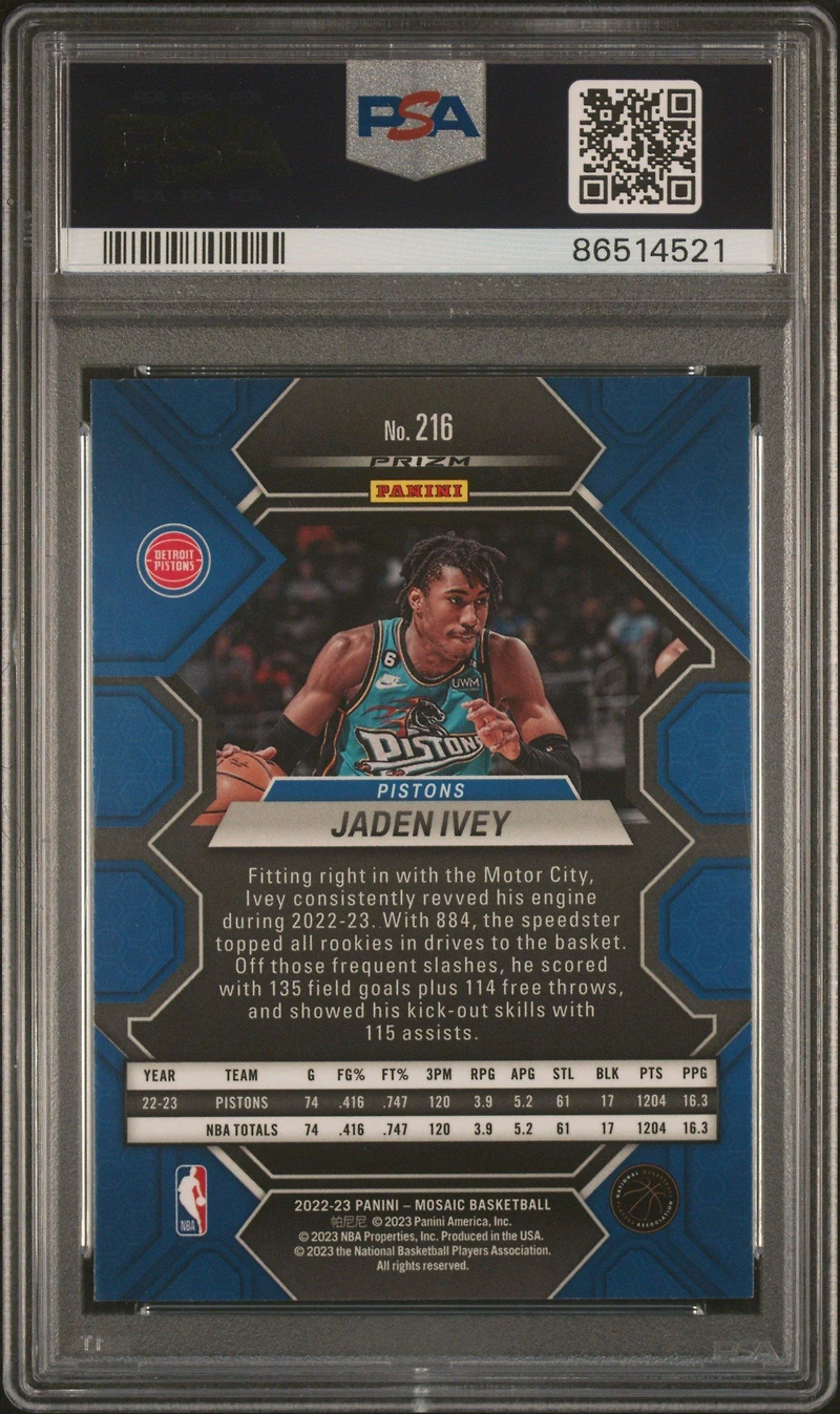 2022 Panini Mosaic 216 Jaden Ivey Reactive Yellow PSA 9