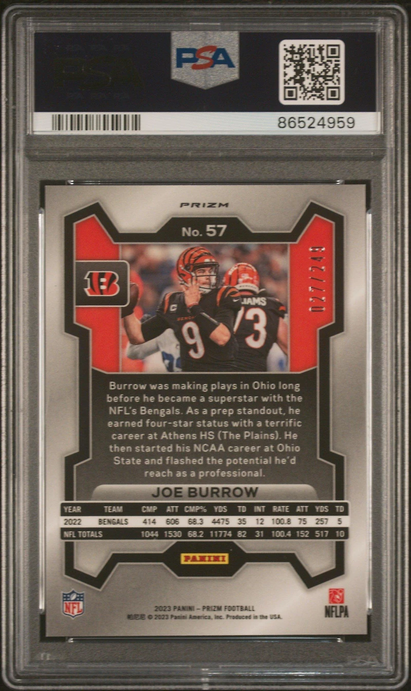 2023 Panini Prizm 57 Joe Burrow Orange Prizm PSA 10