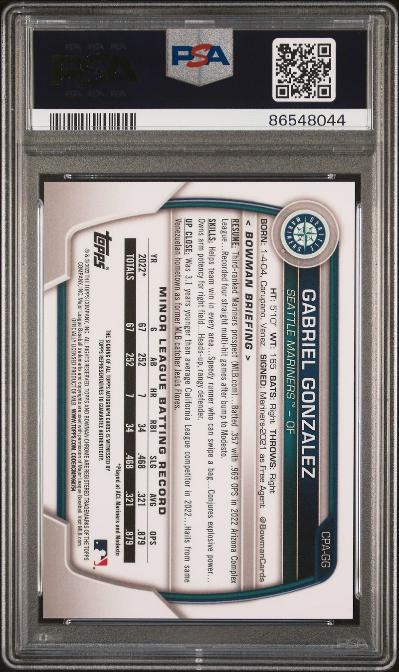 2023 Bowman Chrome Prospect Autographs Cpagg Gabriel Gonzalez Green Grass PSA 10