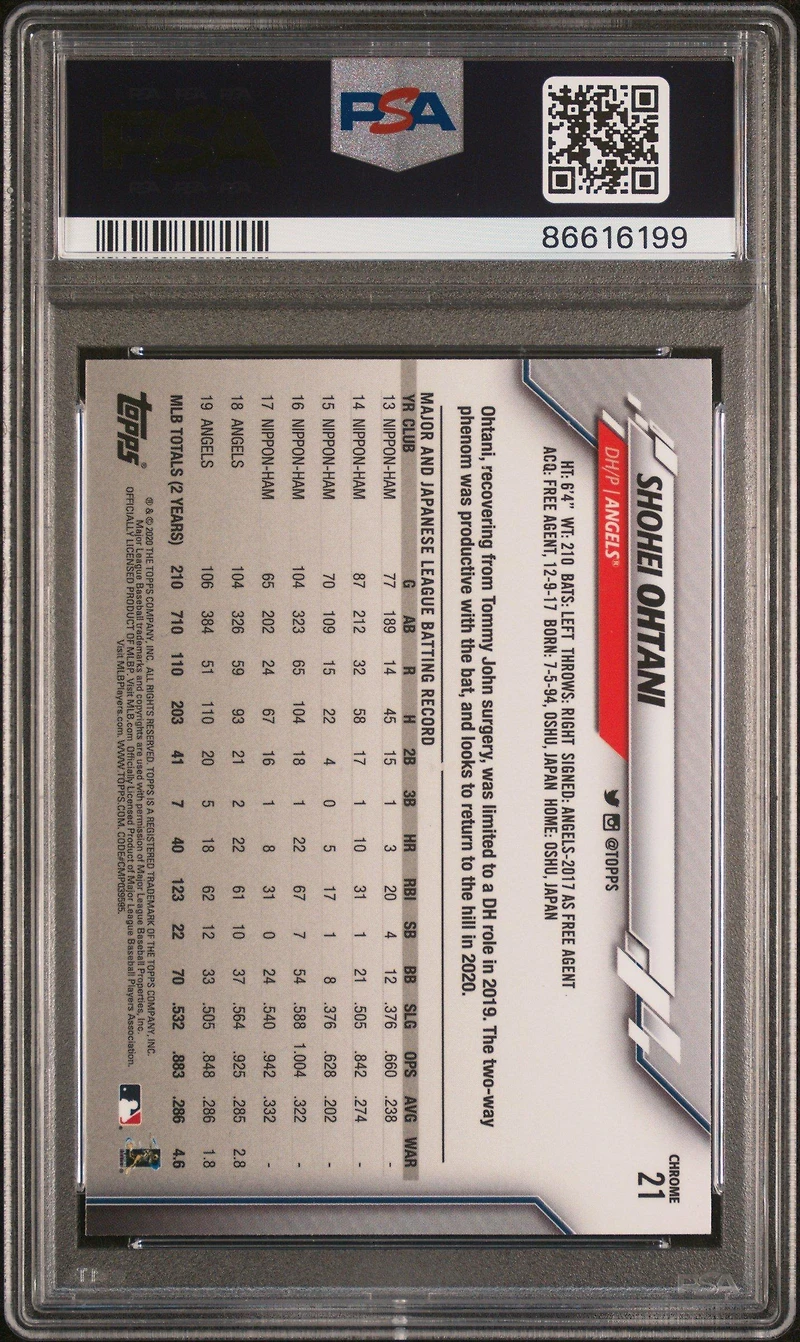 2020 Topps Chrome 21 Shohei Ohtani Prism Refractor PSA 10