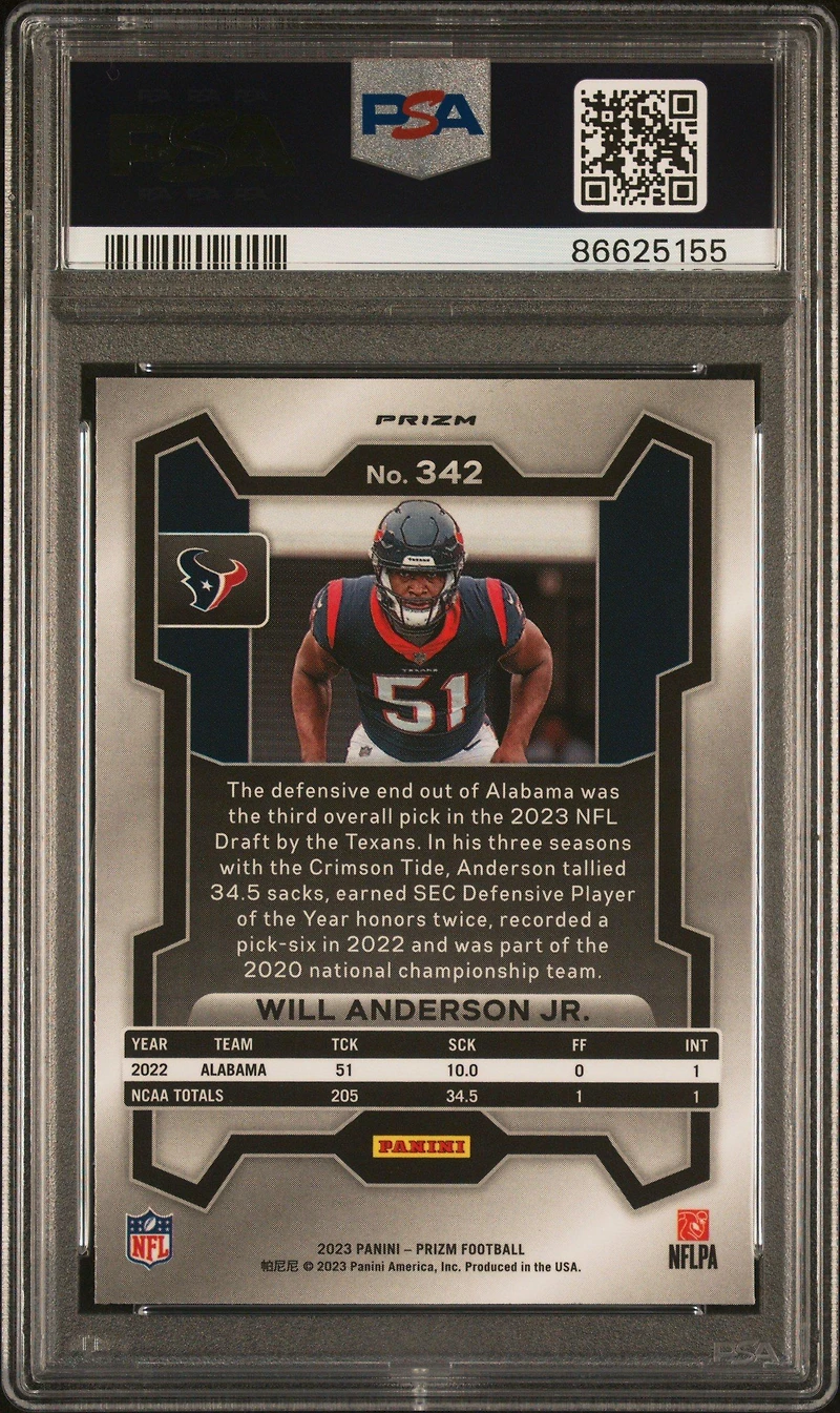 2023 Panini Prizm 342 Will Anderson Jr. Silver Prizm PSA 10