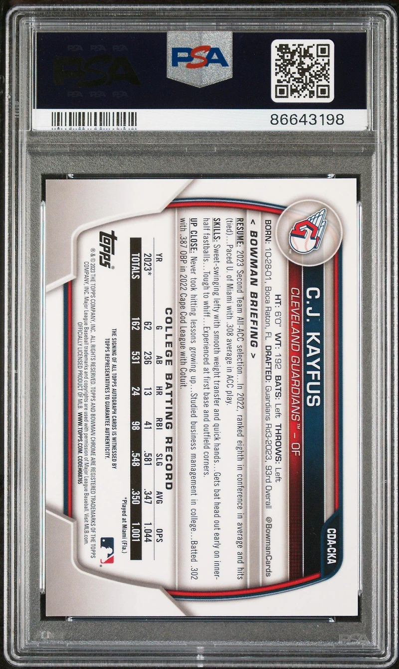 2023 Bowman Draft Chrome Prospect Autograph Cdacka Cj Kayfus PSA 9