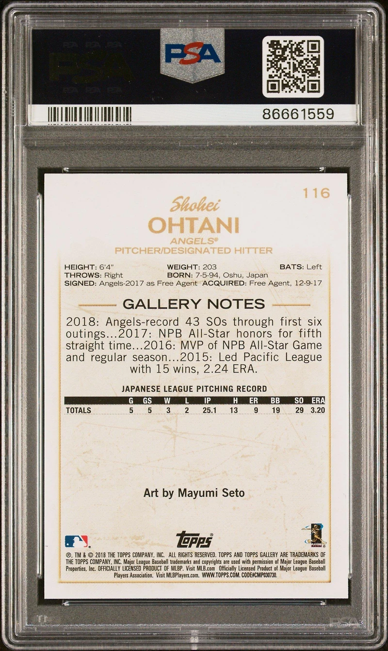 2018 Topps Gallery 116 Shohei Ohtani Wood PSA 10