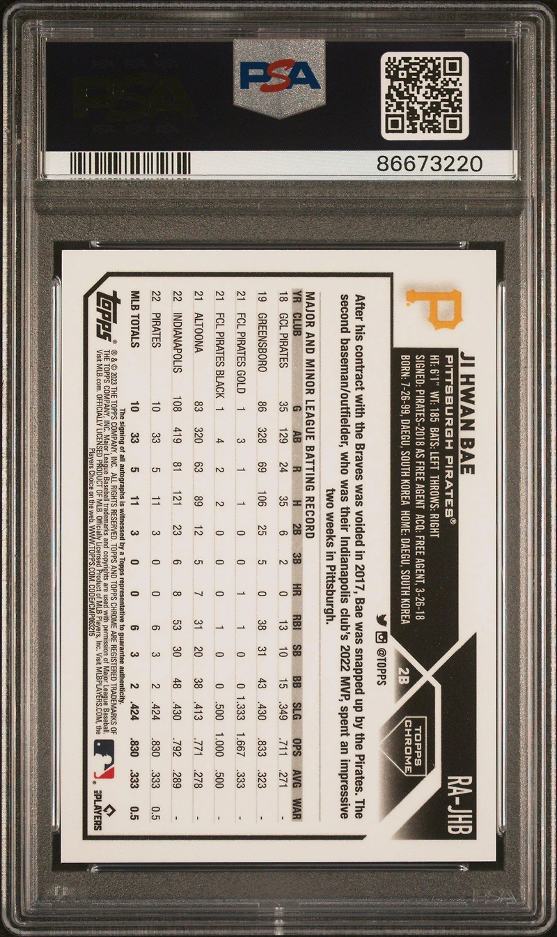 2023 Topps Chrome Rookie Autograph Rajhb Ji Hwan Bae Gold Refractor PSA 10