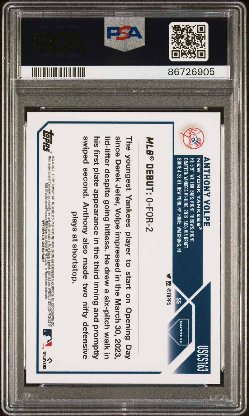 2023 Topps Chrome Update Sapphire Edition 163 Anthony Volpe PSA 10