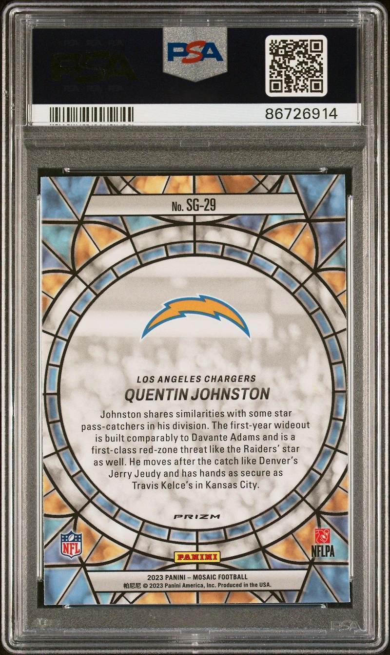 2023 Panini Mosaic Stained Glass Sg29 Quentin Johnston PSA 9