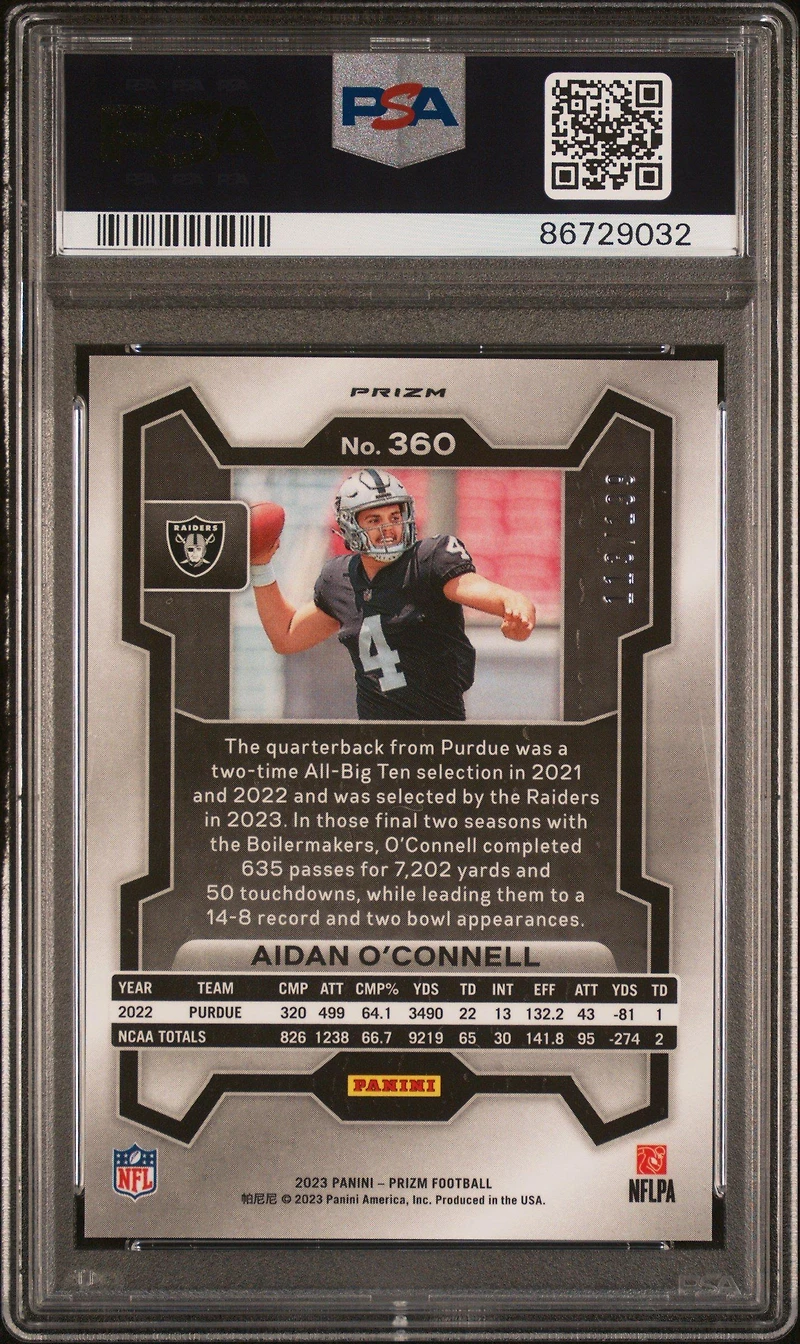 2023 Panini Prizm 360 Aidan O'connell Blue Wave PSA 9