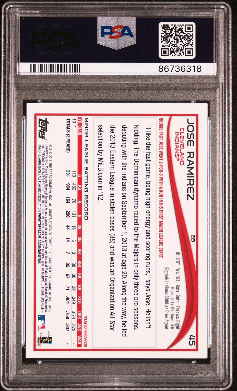 2014 Topps Chrome 45 Jose Ramirez Autograph PSA 9