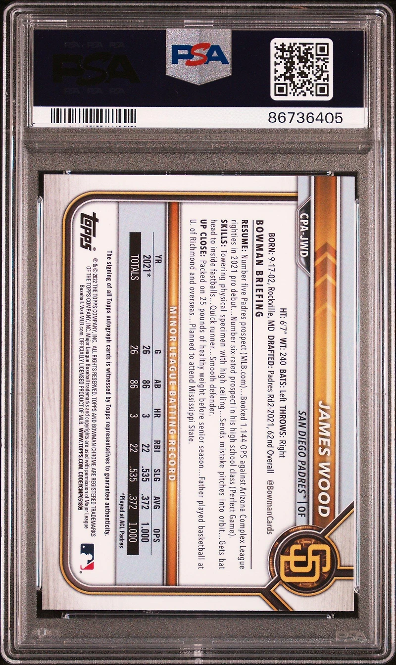 2022 Bowman Chrome Prospect Autographs Cpajwd James Wood PSA 10