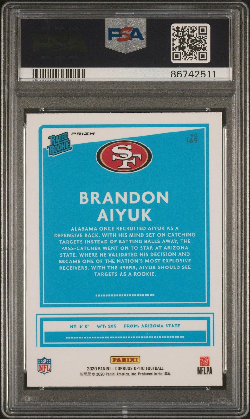 2020 Panini Donruss Optic 169 Brandon Aiyuk Purple Shock PSA 10