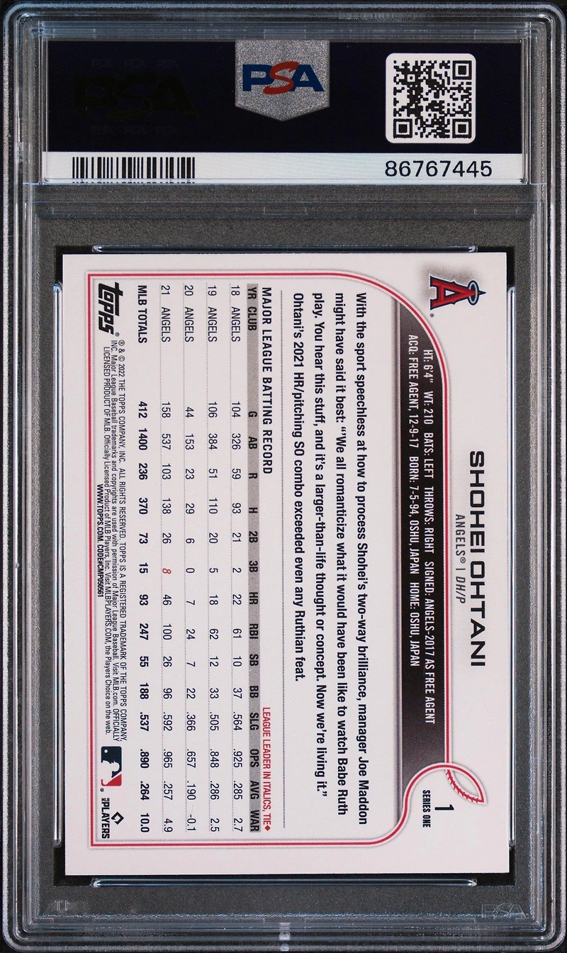 2022 Topps 1 Shohei Ohtani Ssp PSA 9