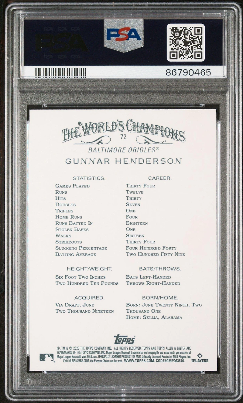 2023 Topps Allen & Ginter 72 Gunnar Henderson PSA 10