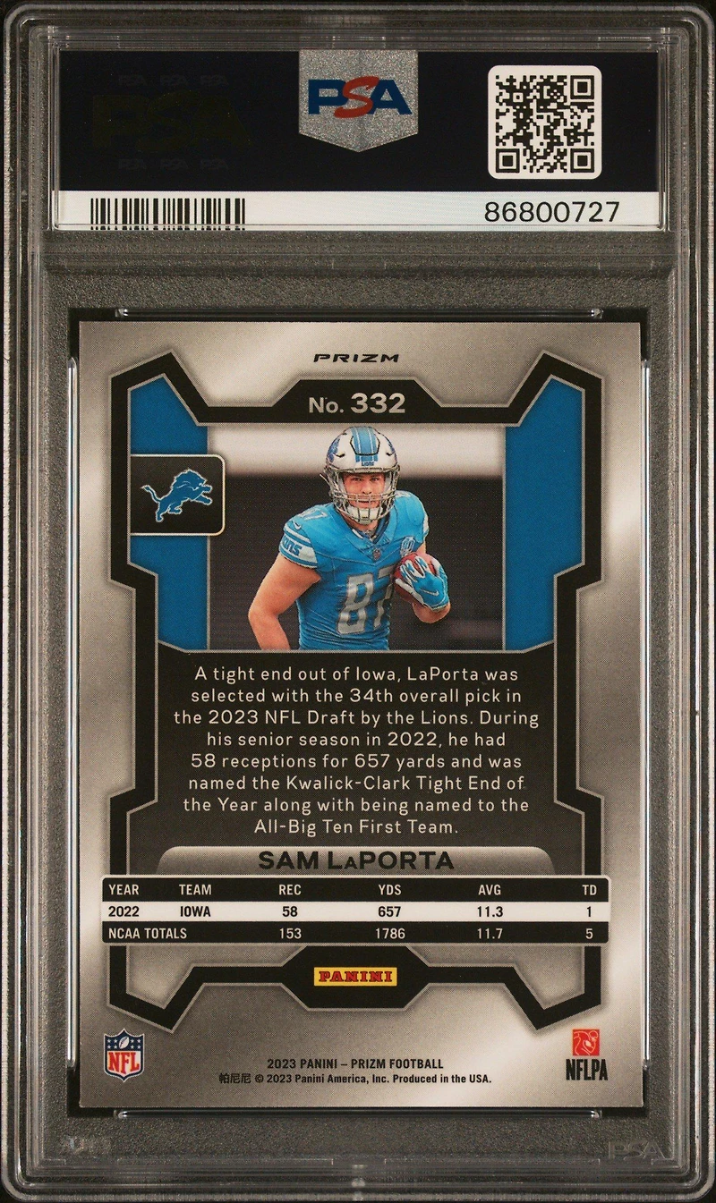2023 Panini Prizm 332 Sam Laporta Lazer Prizm PSA 10