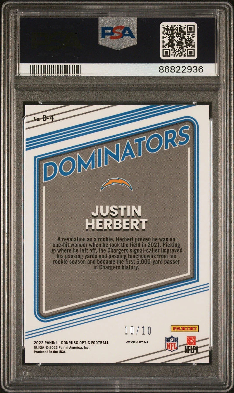 2022 Panini Donruss Optic Dominators D4 Justin Herbert Gold PSA 10