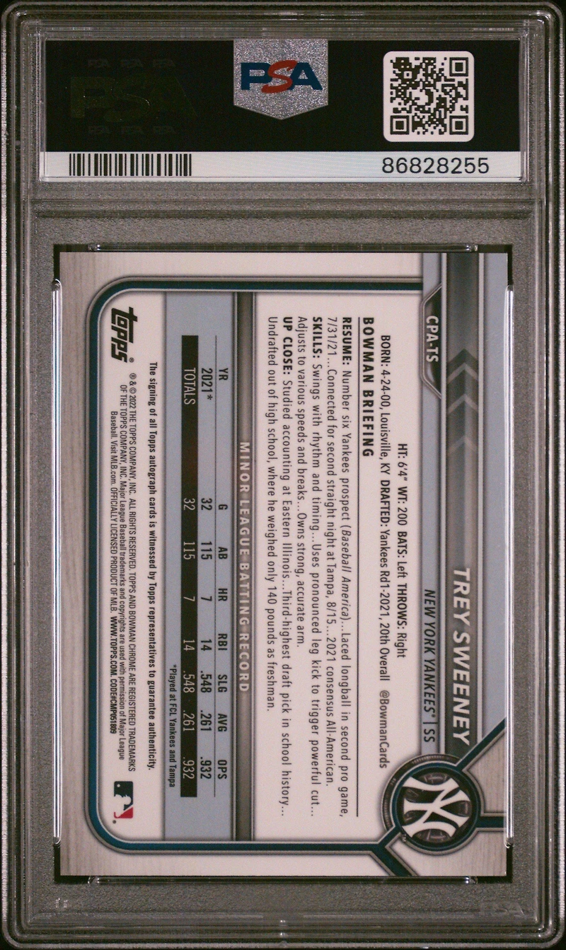 2022 Bowman Chrome Prospect Autographs Cpats Trey Sweeney PSA 10
