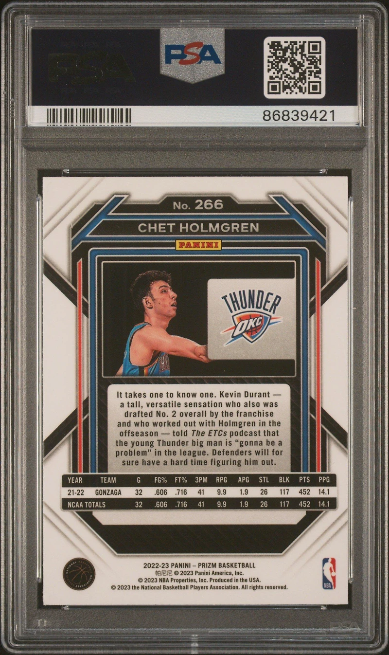 2022 Panini Prizm 266 Chet Holmgren PSA 10
