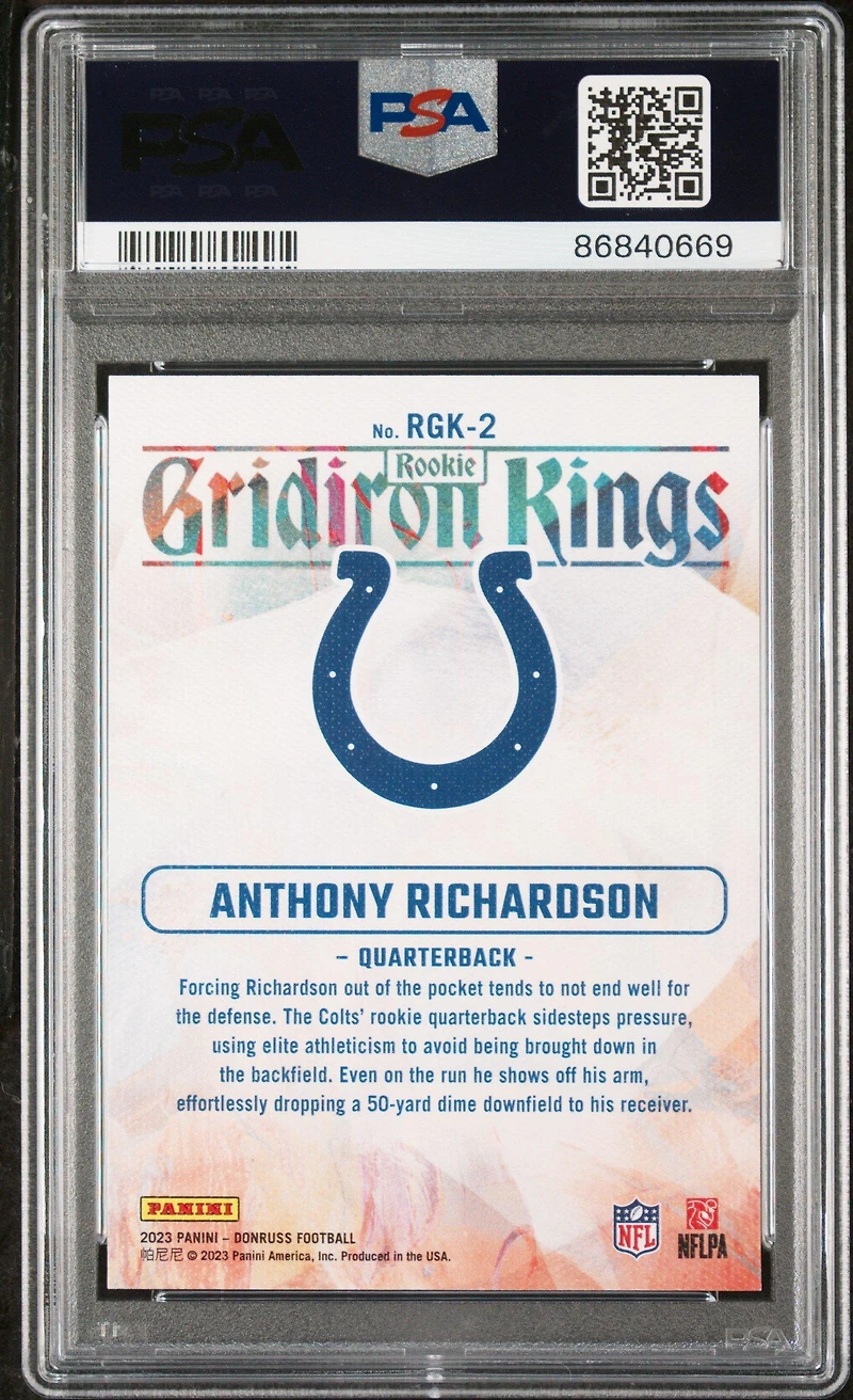 2023 Panini Donruss Rookie Gridiron Kings Rgk2 Anthony Richardson PSA 10
