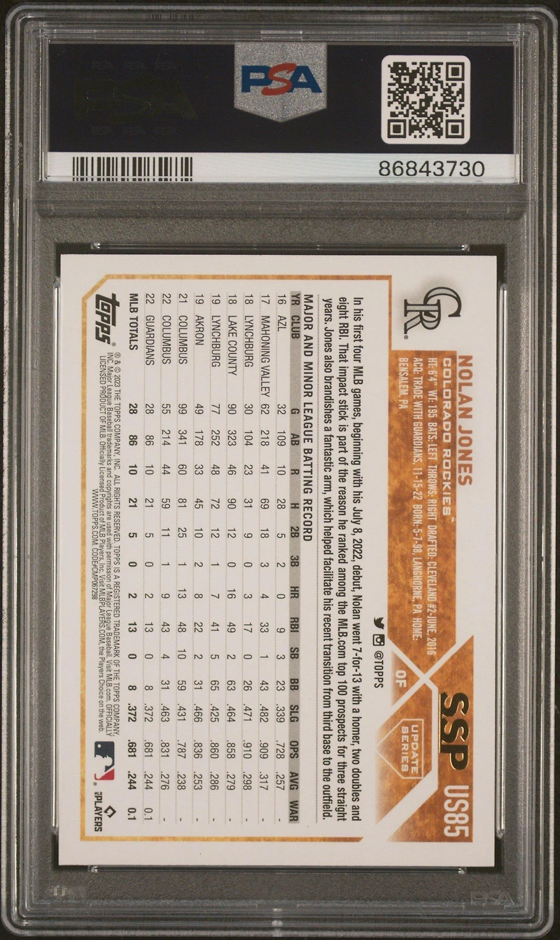 2023 Topps Update Us85 Nolan Jones Ssp PSA 10